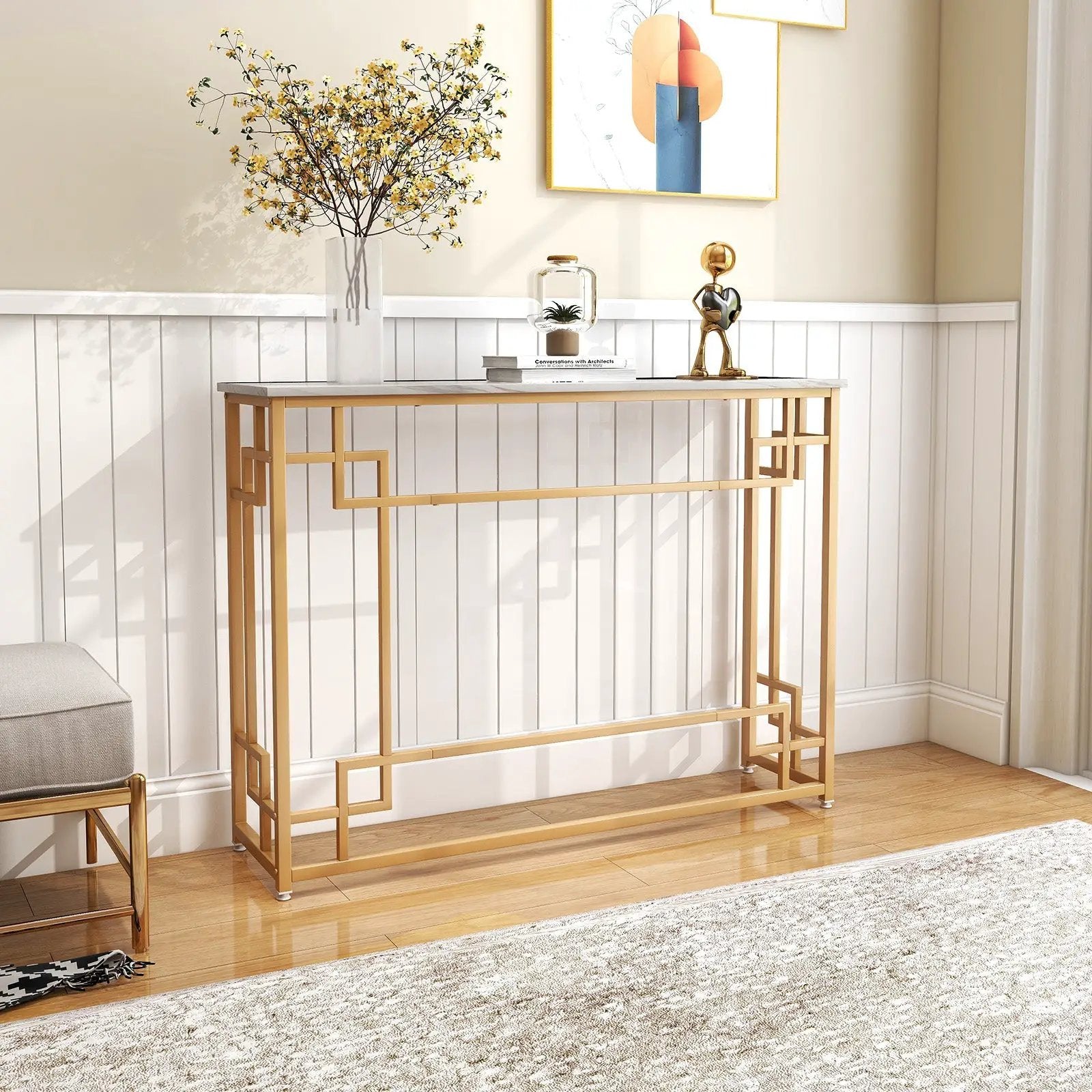 Modern Console Table with Geometric Frame and Faux Marble Tabletop-White by DirectDeals