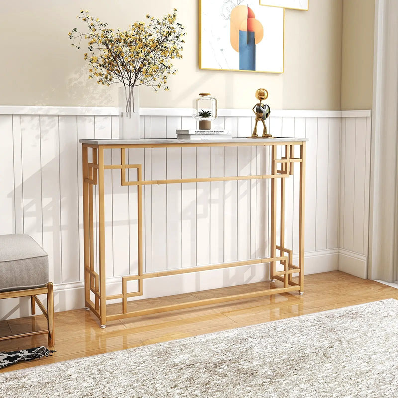 Modern Console Table with Geometric Frame and Faux Marble Tabletop-White by DirectDeals