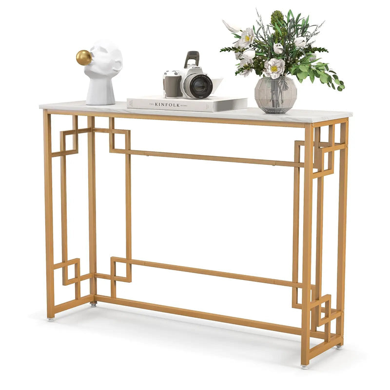 Modern Console Table with Geometric Frame and Faux Marble Tabletop-White by DirectDeals