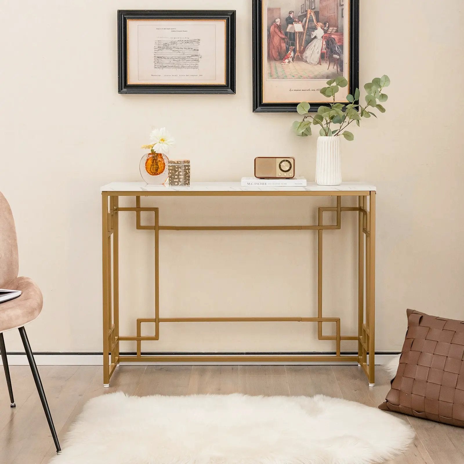 Modern Console Table with Geometric Frame and Faux Marble Tabletop-White by DirectDeals