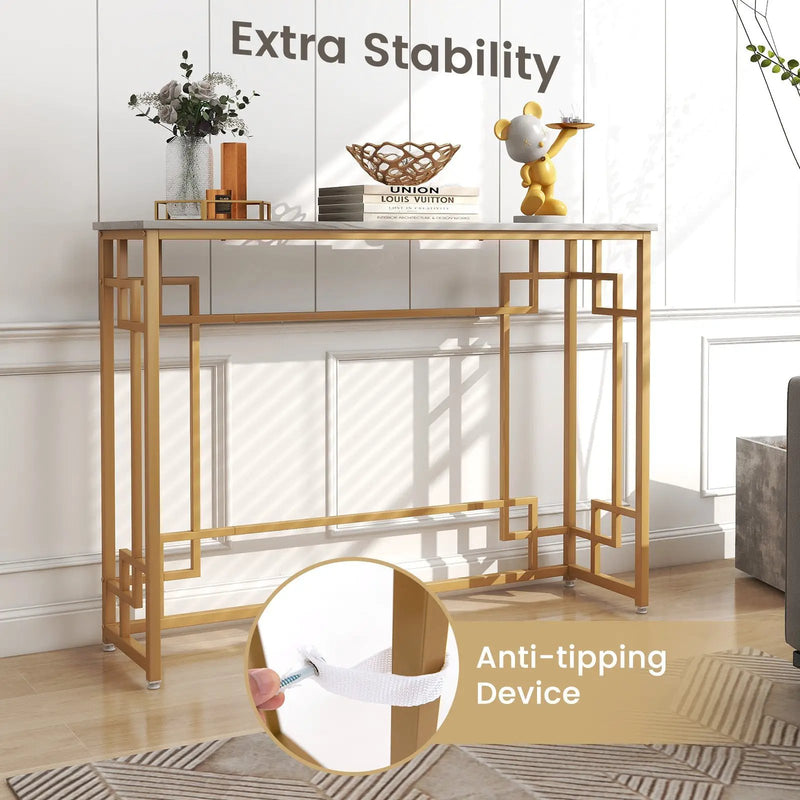 Modern Console Table with Geometric Frame and Faux Marble Tabletop-White by DirectDeals