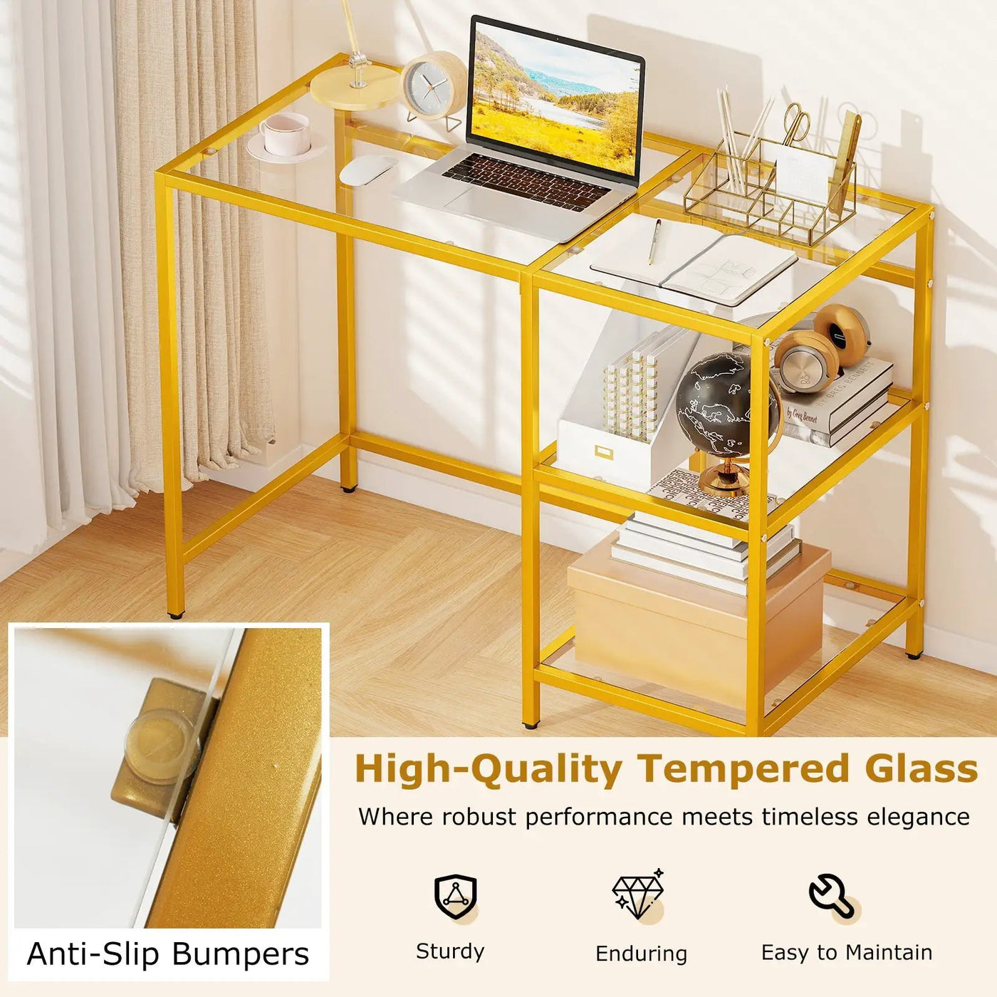 Modern Console Table with 2 Open Shelves and Metal Frame-Golden by DirectDeals