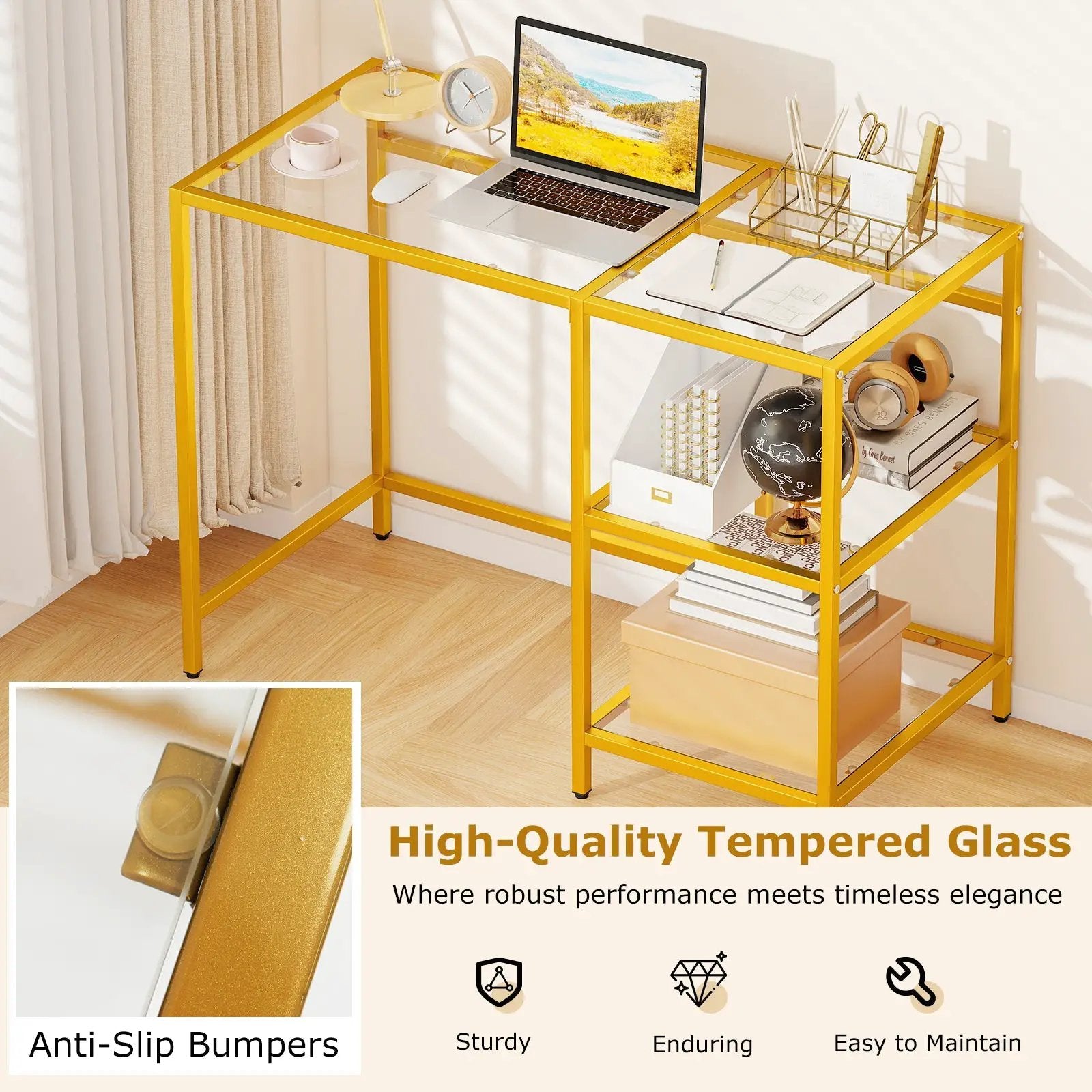 Modern Console Table with 2 Open Shelves and Metal Frame-Golden by DirectDeals