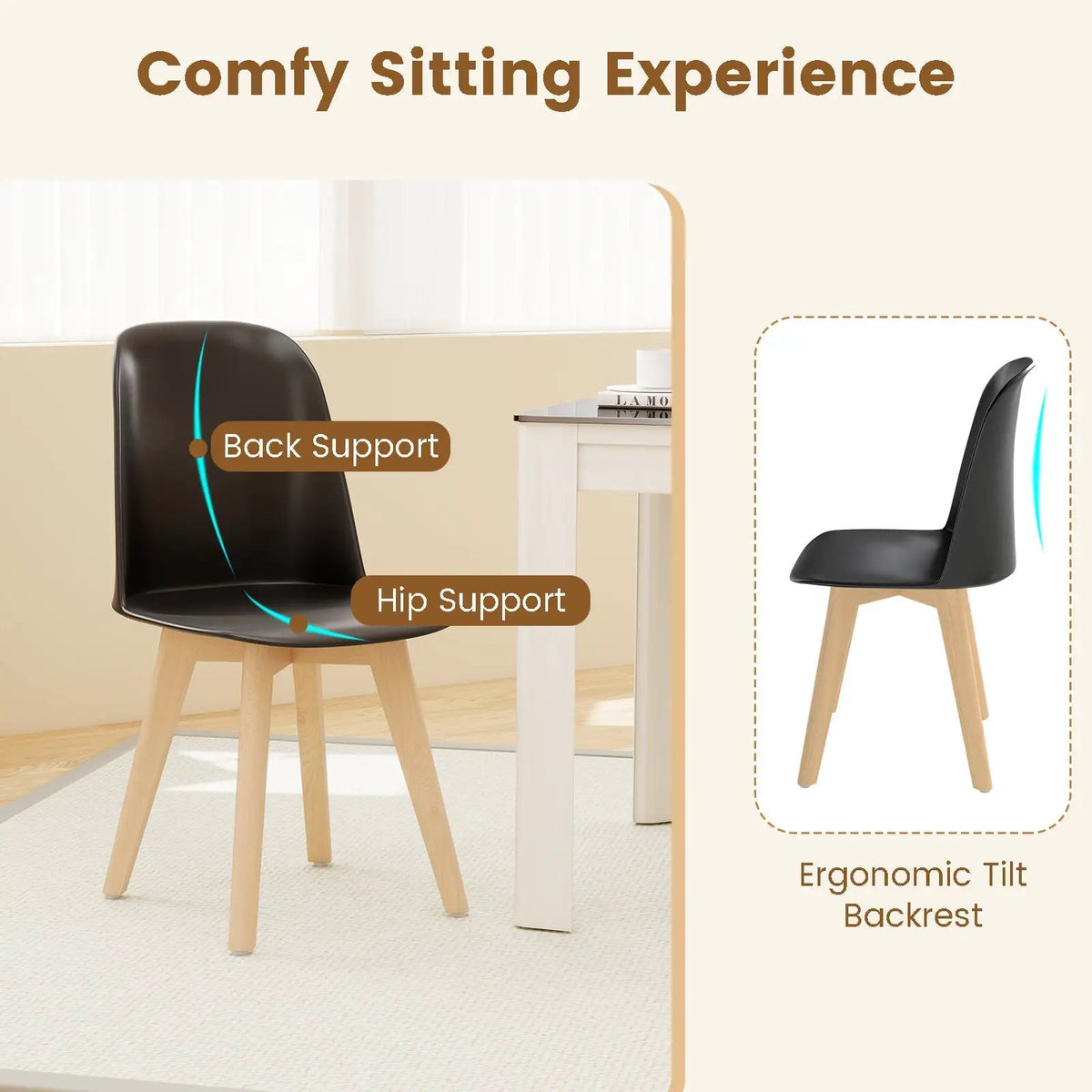 Modern Dining Chair Set of 2 with Solid Beech Wood Legs and Tilt Backrest by DirectDeals