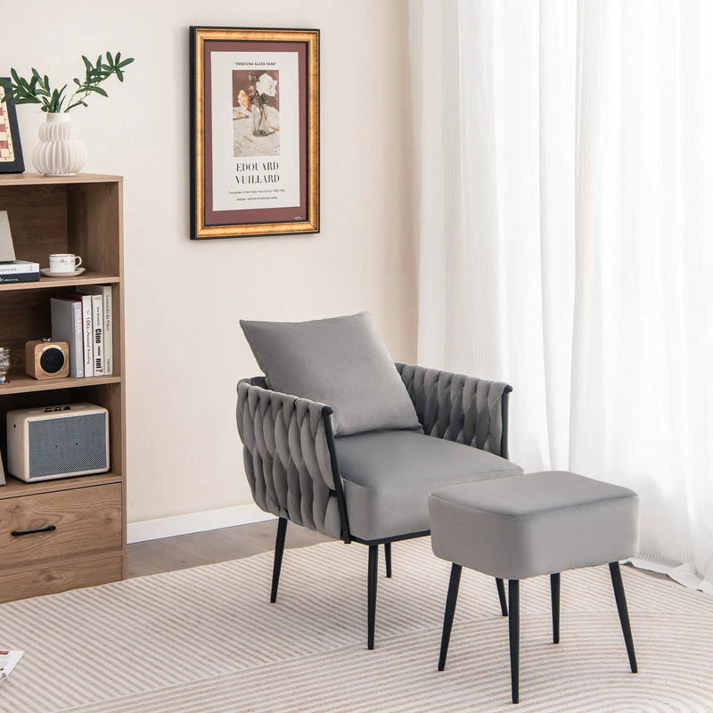 Modern Dutch Velvet Accent Chair and Ottoman Set with Weaved Back and Arms by DirectDeals