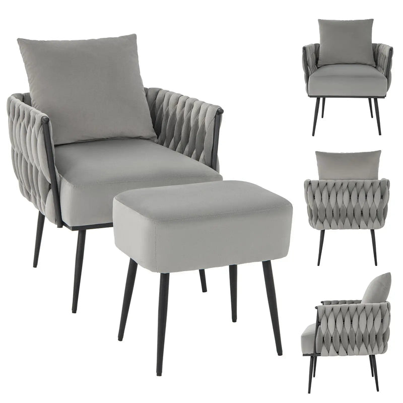 Modern Dutch Velvet Accent Chair and Ottoman Set with Weaved Back and Arms by DirectDeals