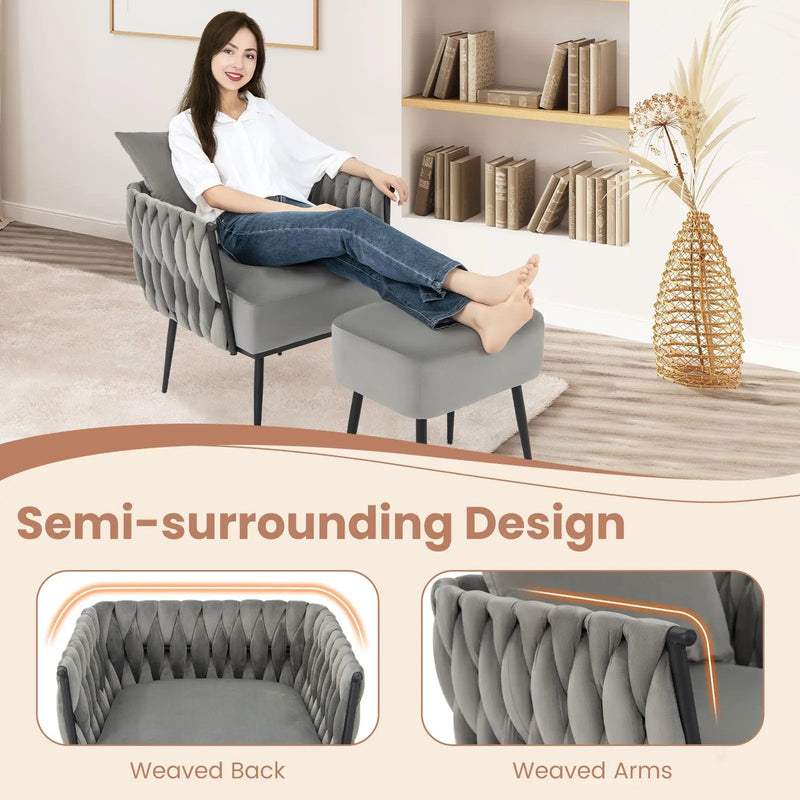 Modern Dutch Velvet Accent Chair and Ottoman Set with Weaved Back and Arms by DirectDeals