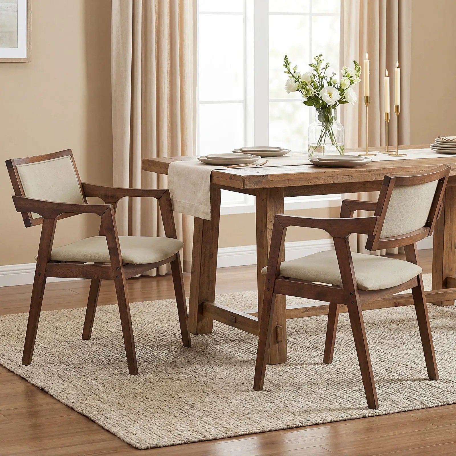 Modern Fabric Upholstered Rubber Wood Dining Chairs Set of 2 with Arms-Beige by DirectDeals
