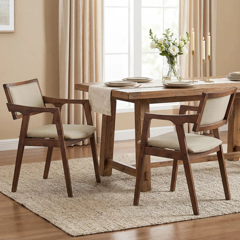 Modern Fabric Upholstered Rubber Wood Dining Chairs Set of 2 with Arms-Beige by DirectDeals