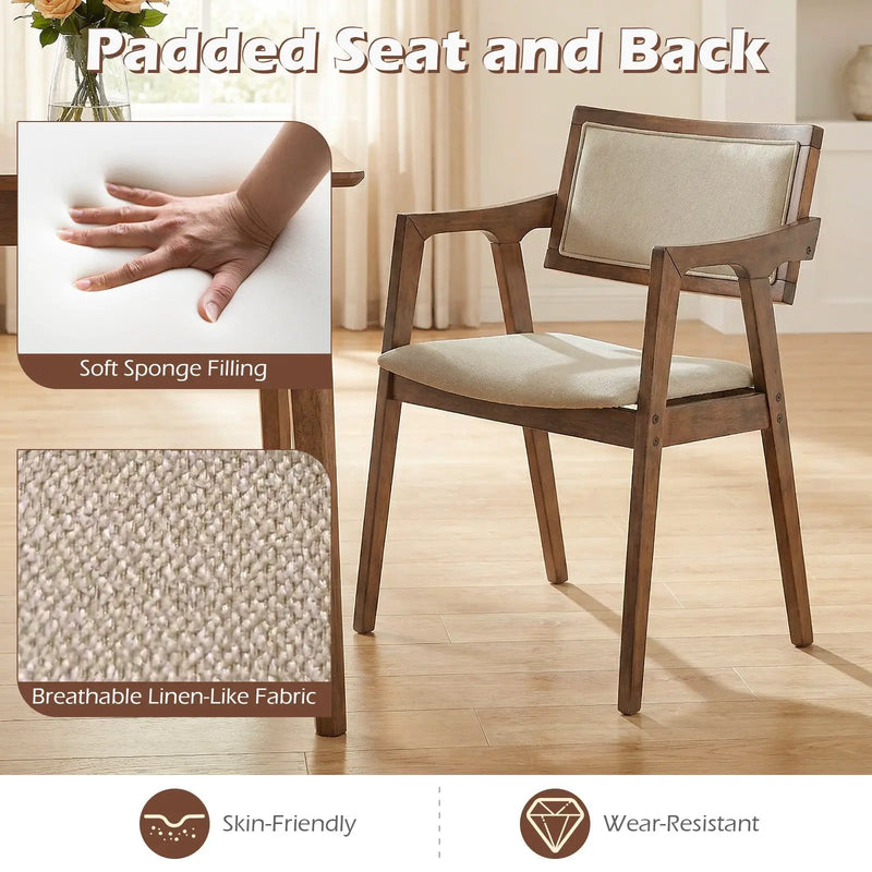 Modern Fabric Upholstered Rubber Wood Dining Chairs Set of 2 with Arms-Beige by DirectDeals