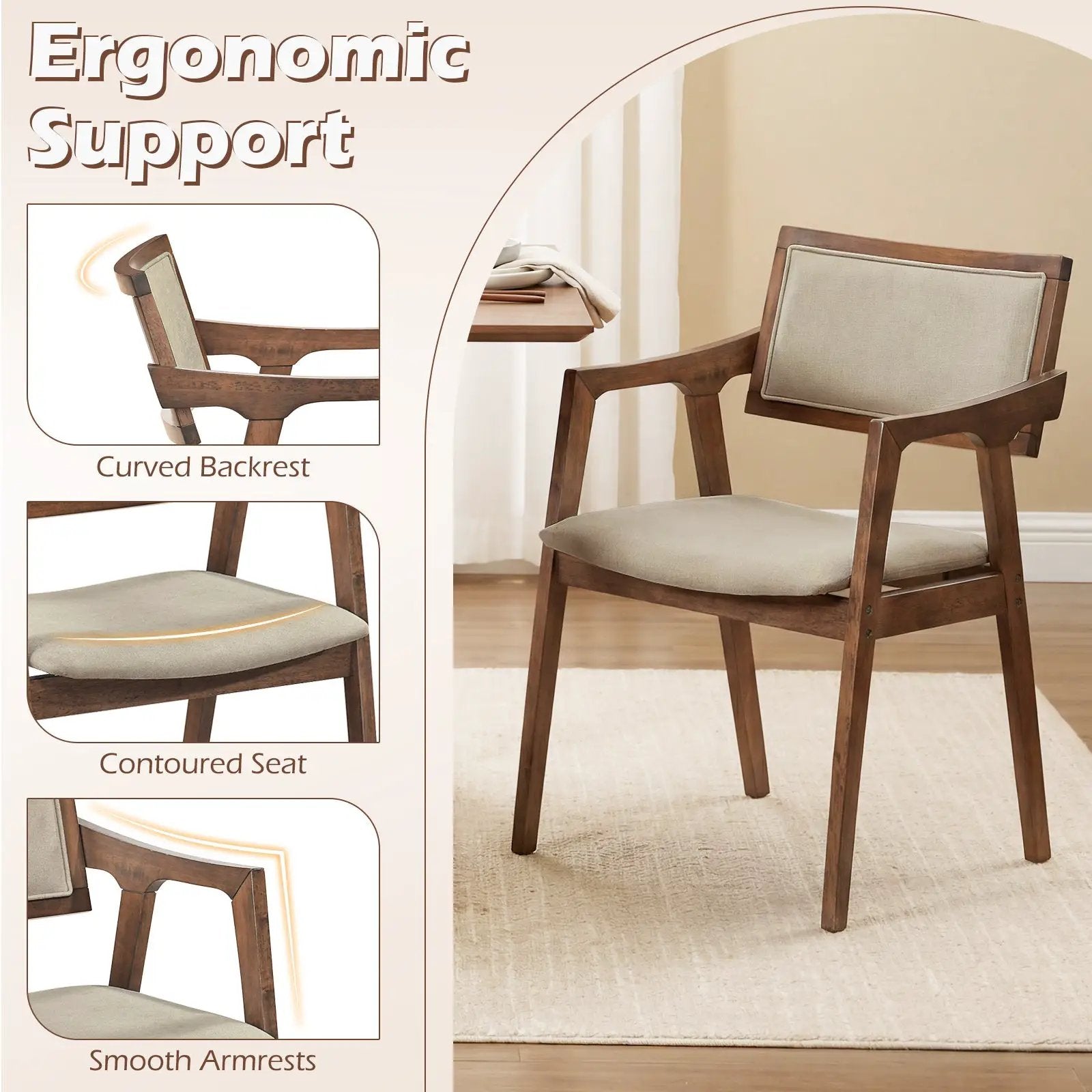Modern Fabric Upholstered Rubber Wood Dining Chairs Set of 2 with Arms-Beige by DirectDeals