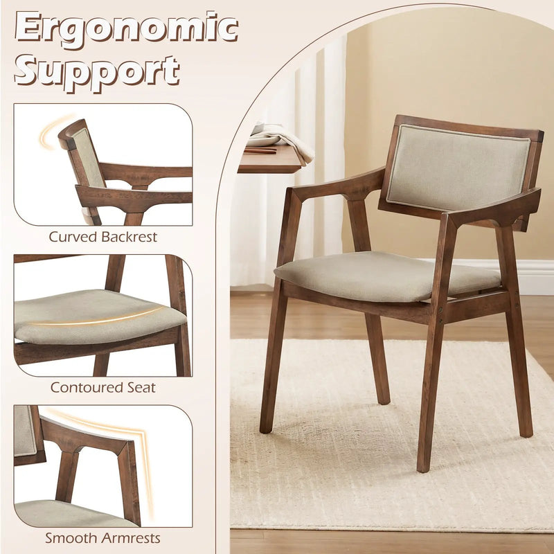 Modern Fabric Upholstered Rubber Wood Dining Chairs Set of 2 with Arms-Beige by DirectDeals