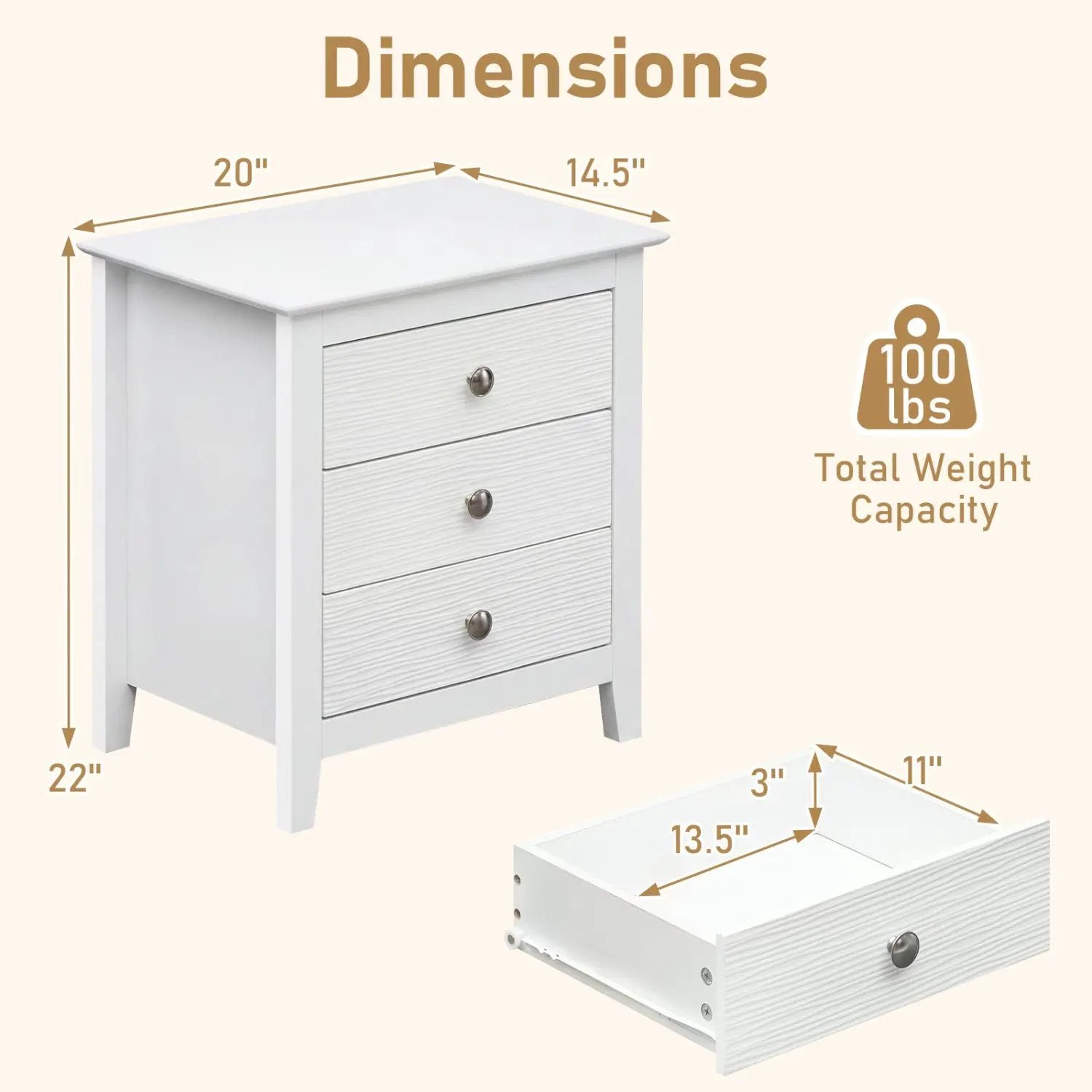 Modern Farmhouse 3-Drawer NightStand with Wood Grain Accents and Sleek Knobs by DirectDeals