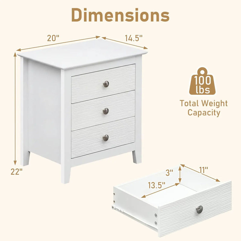 Modern Farmhouse 3-Drawer NightStand with Wood Grain Accents and Sleek Knobs by DirectDeals
