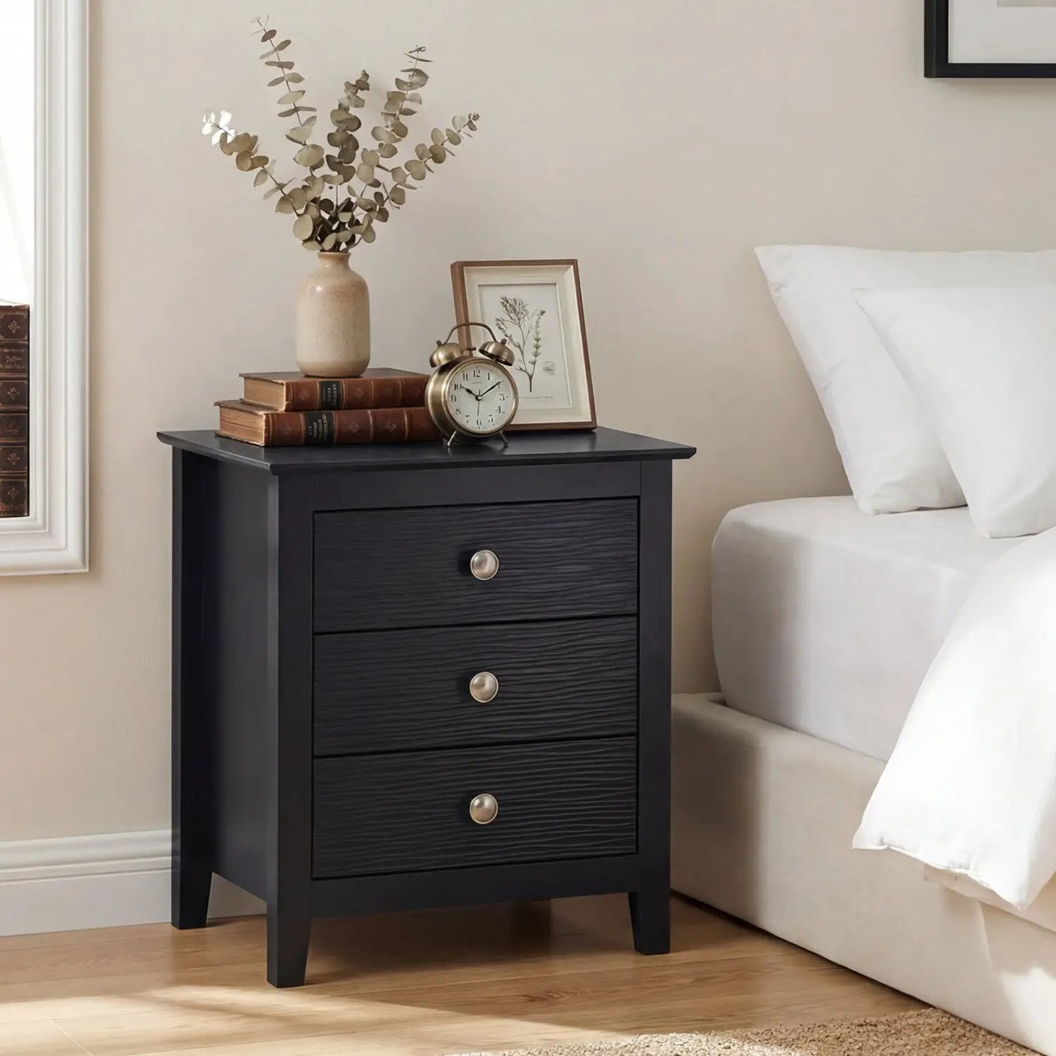 Modern Farmhouse 3-Drawer NightStand with Wood Grain Accents and Sleek Knobs by DirectDeals
