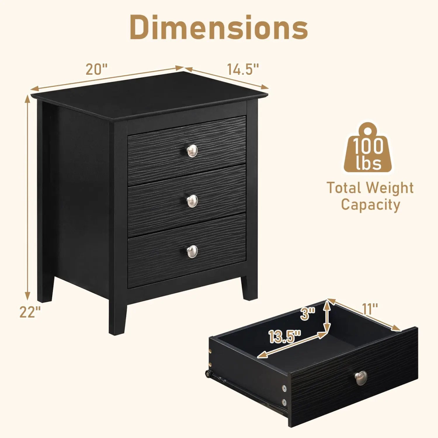 Modern Farmhouse 3-Drawer NightStand with Wood Grain Accents and Sleek Knobs by DirectDeals