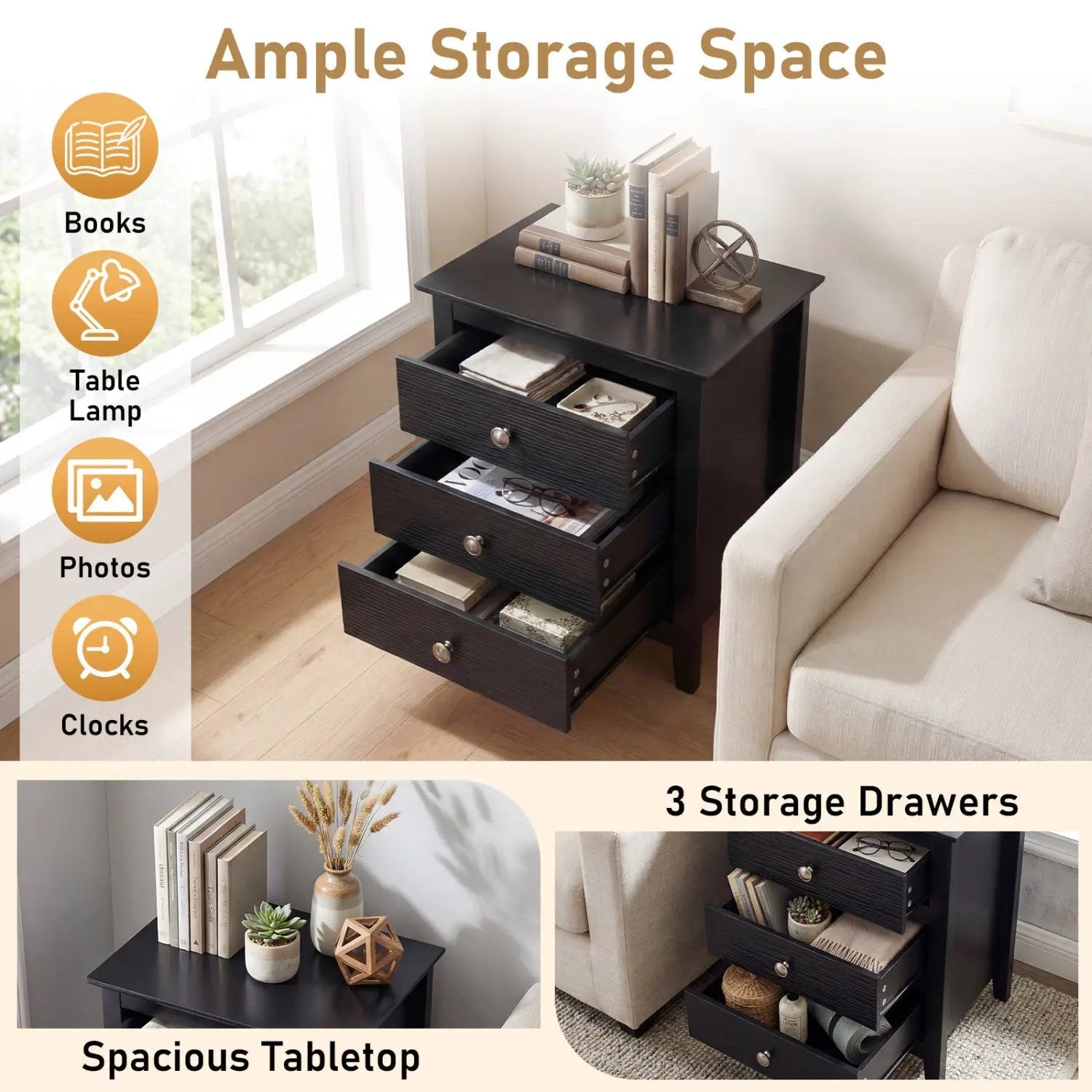 Modern Farmhouse 3-Drawer NightStand with Wood Grain Accents and Sleek Knobs by DirectDeals