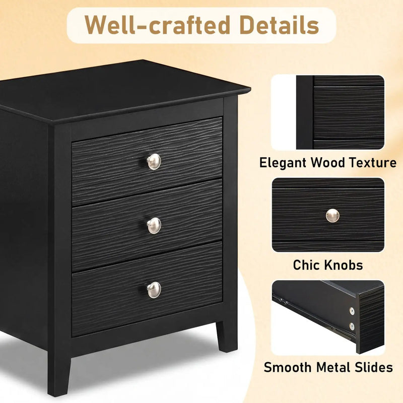 Modern Farmhouse 3-Drawer NightStand with Wood Grain Accents and Sleek Knobs by DirectDeals