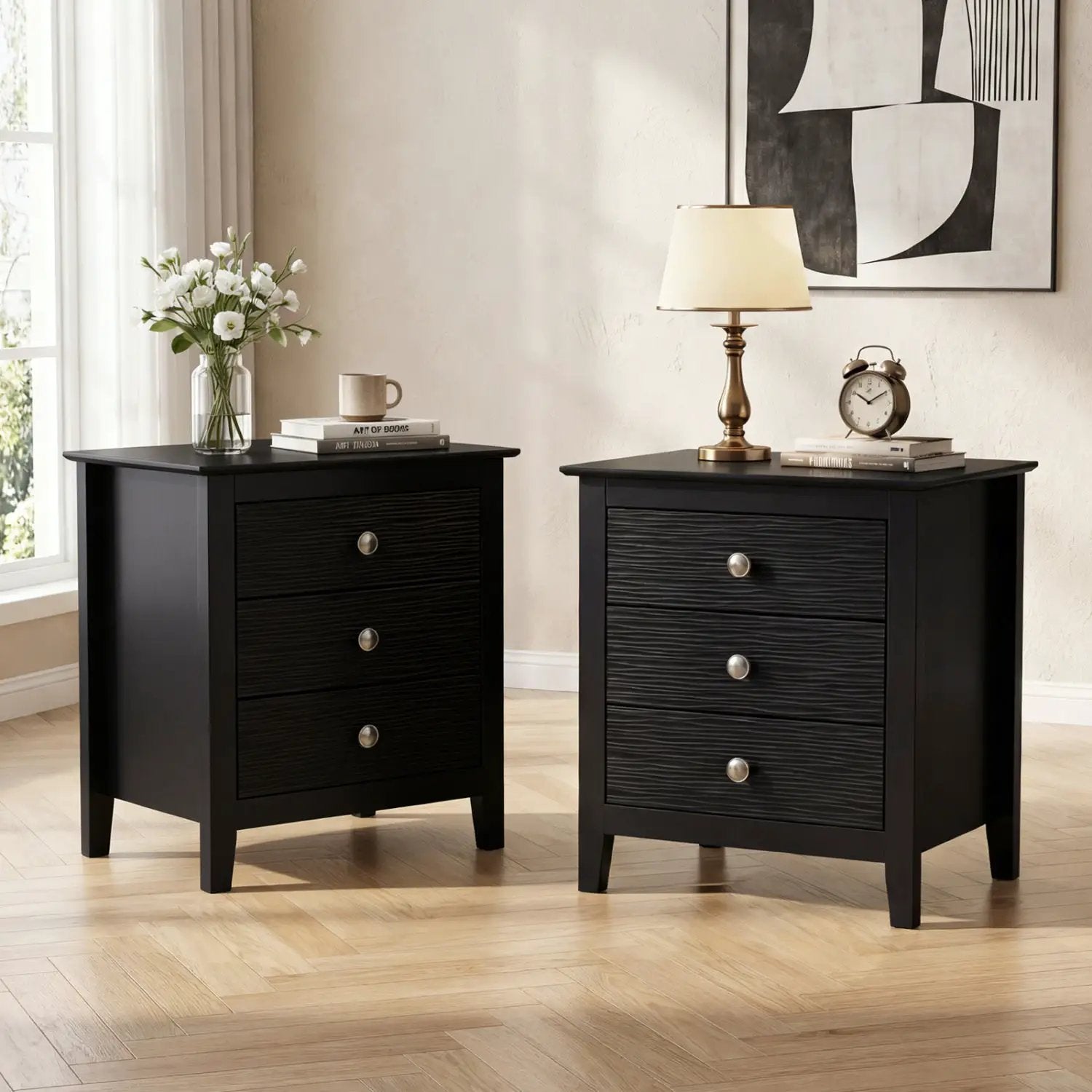Modern Farmhouse 3-Drawer Night Stand with Wood Grain Accents for Bedroom by DirectDeals