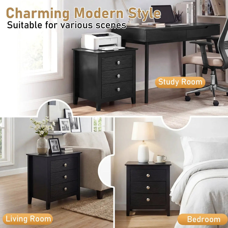 Modern Farmhouse 3-Drawer Night Stand with Wood Grain Accents for Bedroom by DirectDeals