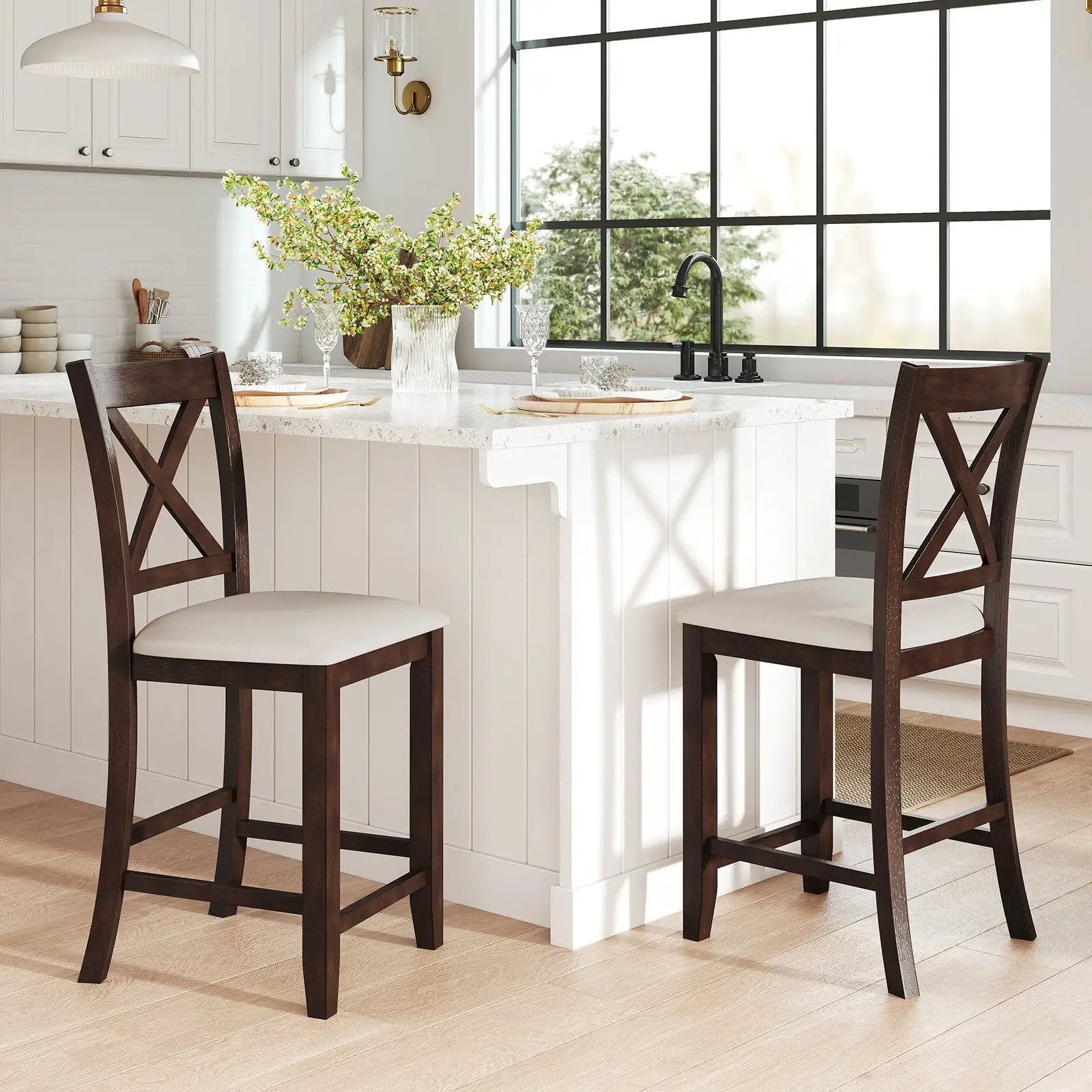 Modern Farmhouse Counter Height Stools with Footrest and Cushion-Walnut by DirectDeals