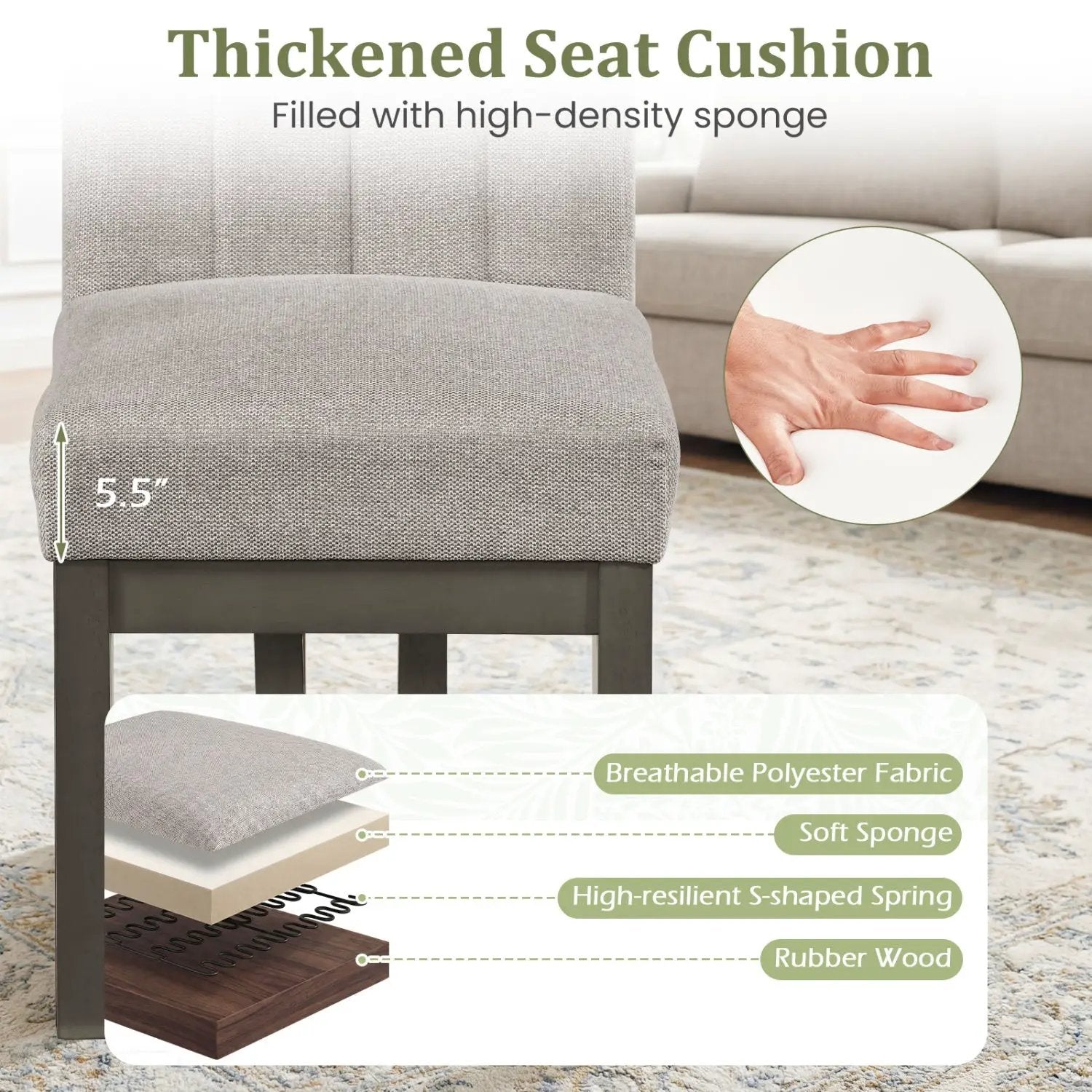 Modern Farmhouse Fabric Dining Chairs Set of 2 with 5.5" Thickened Padded Seat by DirectDeals