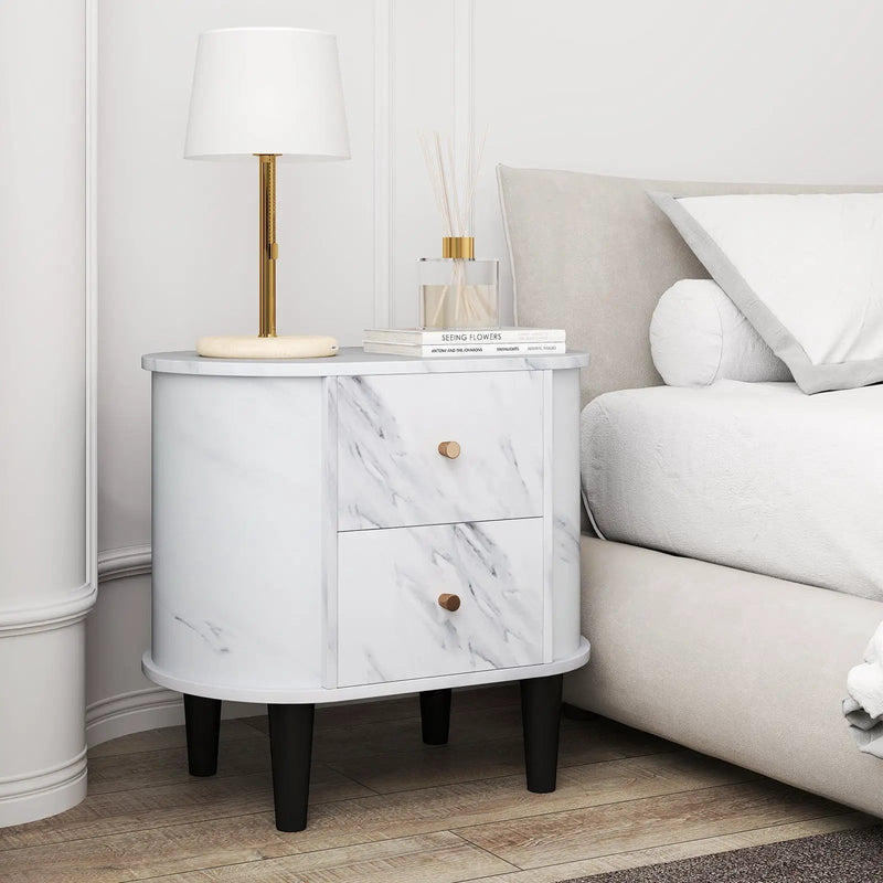2-Drawer Nightstand Modern Faux Marble Bedside Table with Storage-White by DirectDeals