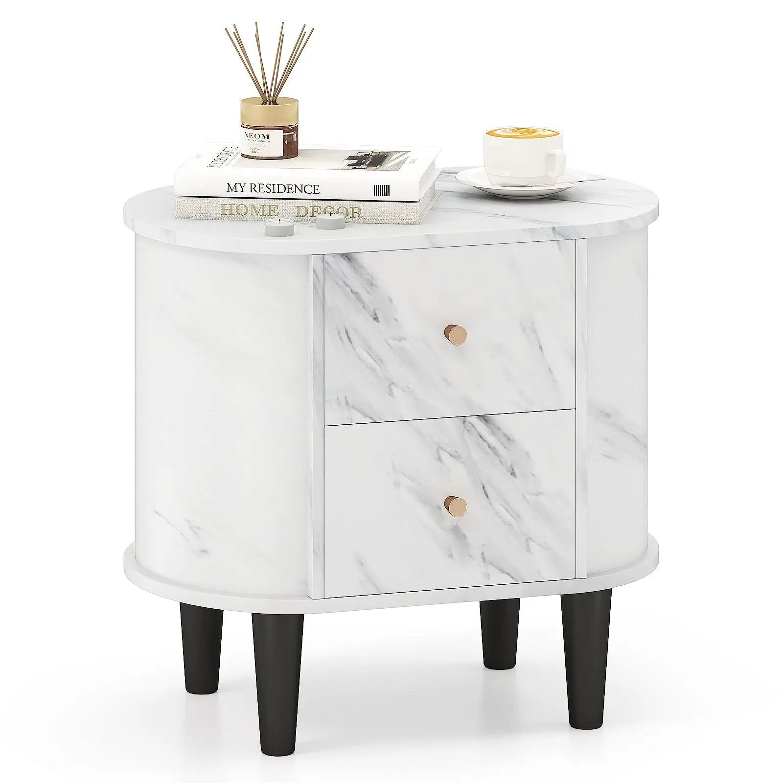 2-Drawer Nightstand Modern Faux Marble Bedside Table with Storage-White by DirectDeals
