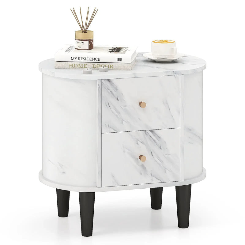 2-Drawer Nightstand Modern Faux Marble Bedside Table with Storage-White by DirectDeals