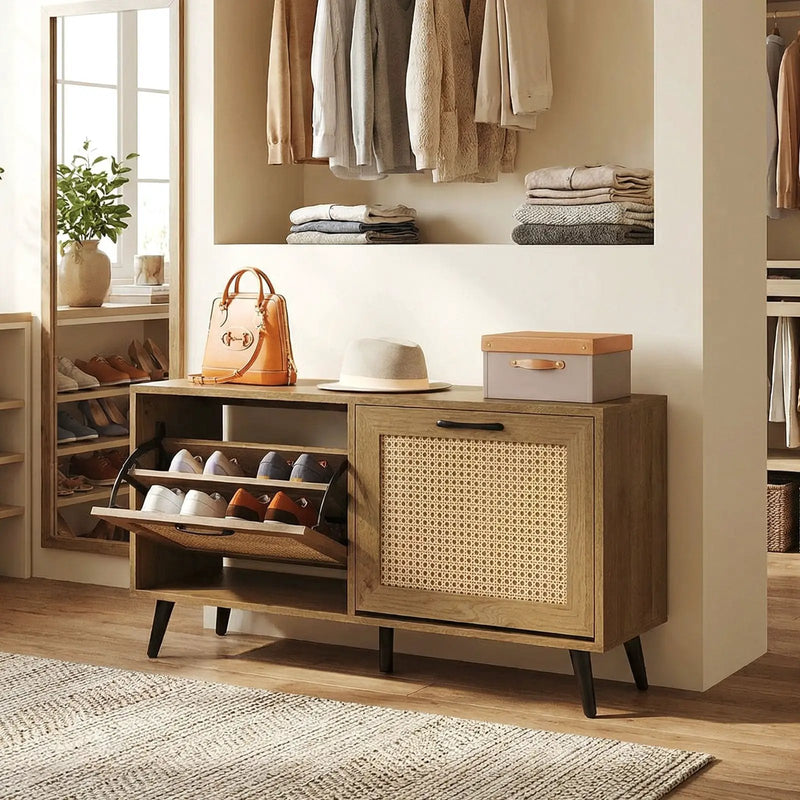 Modern Freestanding Shoe Cabinet with 2 Flip Drawers and Adjustable Shelves for Entryway-Natural by DirectDeals