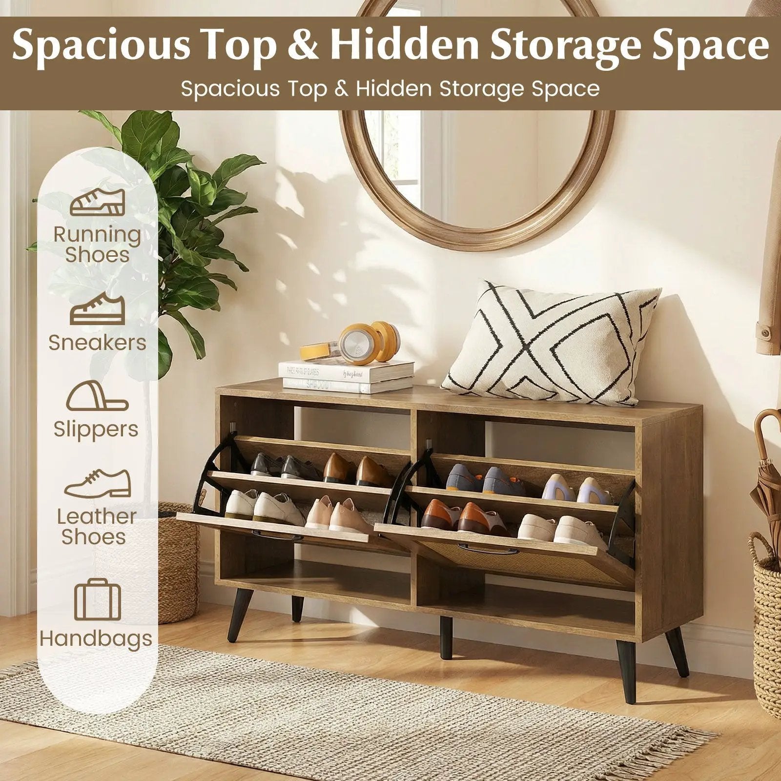 Modern Freestanding Shoe Cabinet with 2 Flip Drawers and Adjustable Shelves for Entryway-Natural by DirectDeals