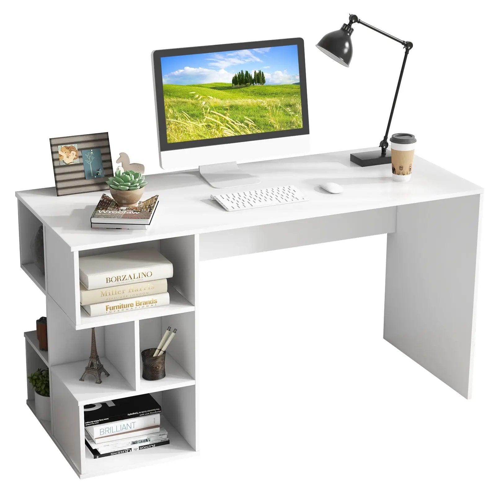 Modern Computer Desk with 3 Tier Storage Shelves for Home Office-White by DirectDeals