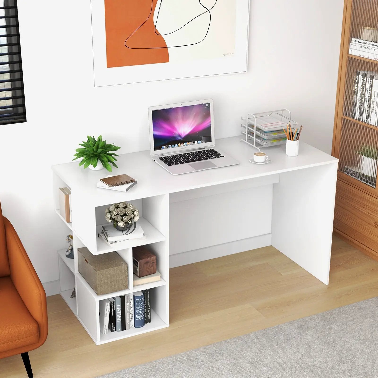 Modern Computer Desk with 3 Tier Storage Shelves for Home Office-White by DirectDeals