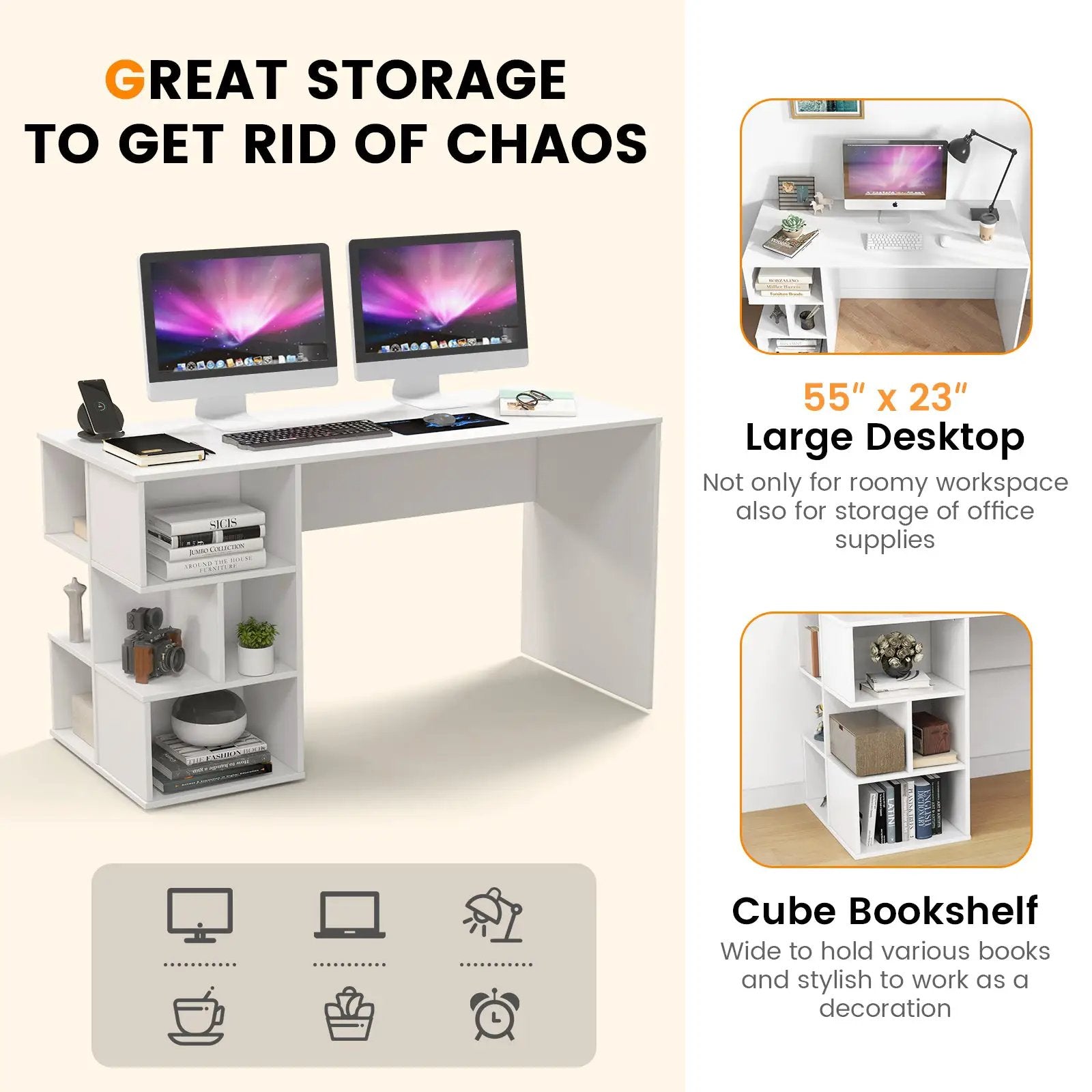 Modern Computer Desk with 3 Tier Storage Shelves for Home Office-White by DirectDeals