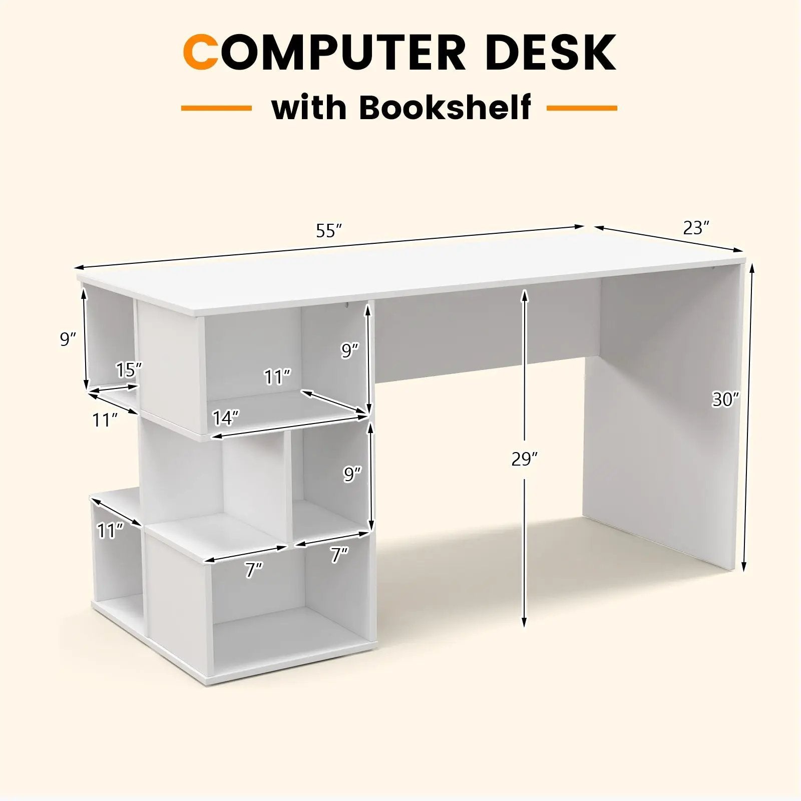 Modern Computer Desk with 3 Tier Storage Shelves for Home Office-White by DirectDeals