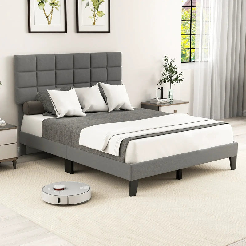 Queen Size Modern Linen Bed Frame with Adjustable Headboard-Gray by DirectDeals