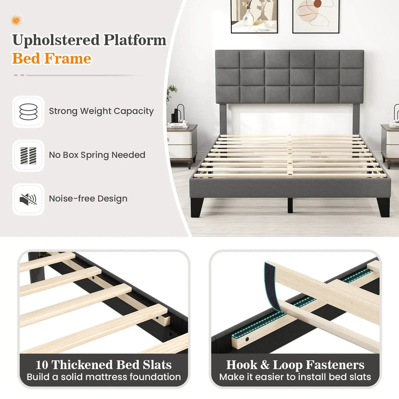 Queen Size Modern Linen Bed Frame with Adjustable Headboard-Gray by DirectDeals