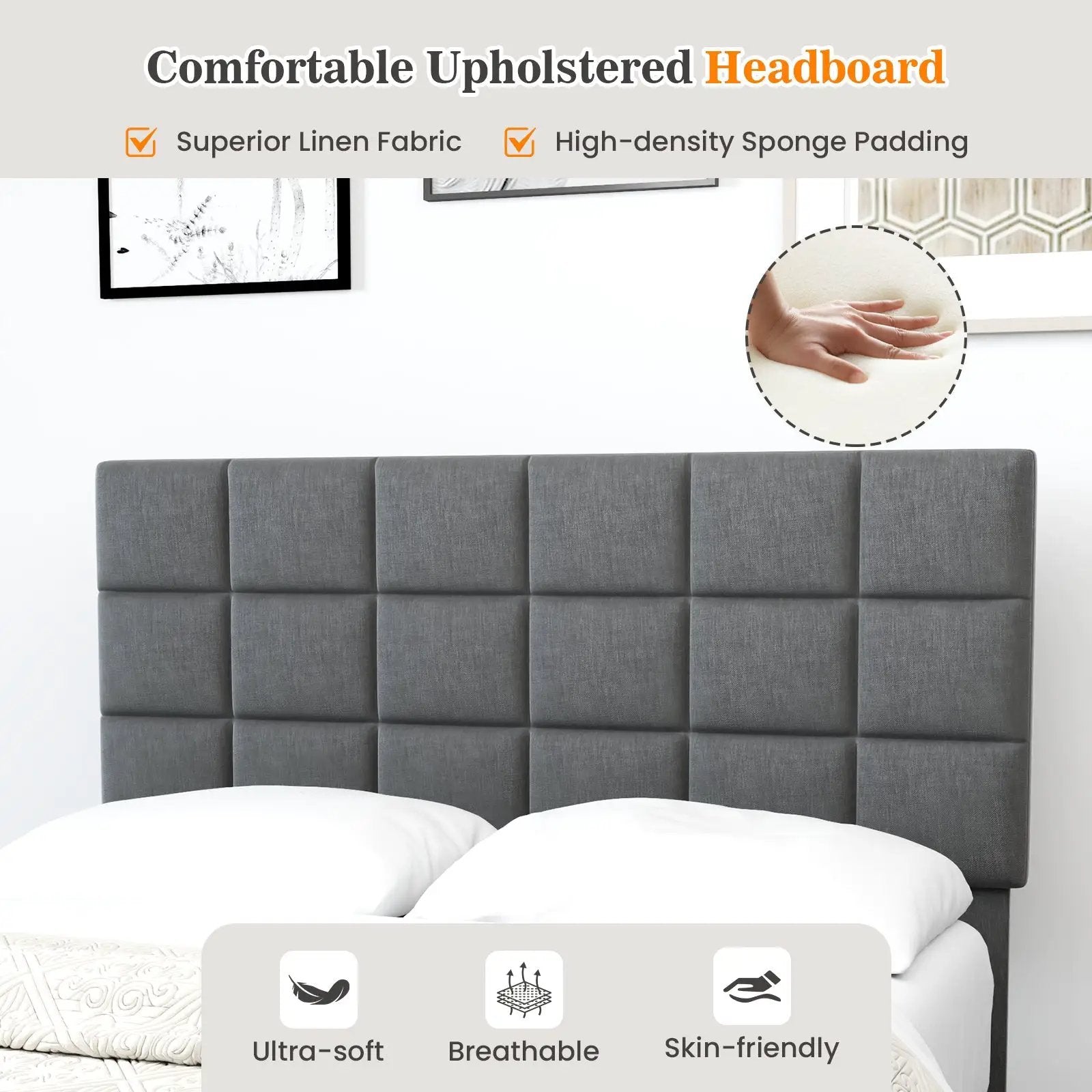 Full Size Modern Linen Bed Frame with Adjustable Headboard-Gray by DirectDeals