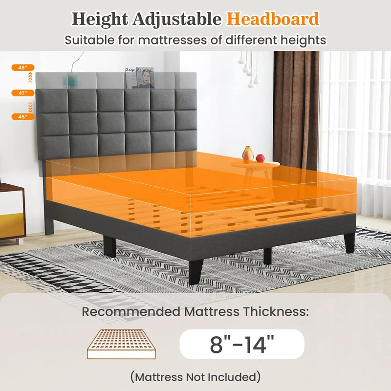 Queen Size Modern Linen Bed Frame with Adjustable Headboard-Gray by DirectDeals