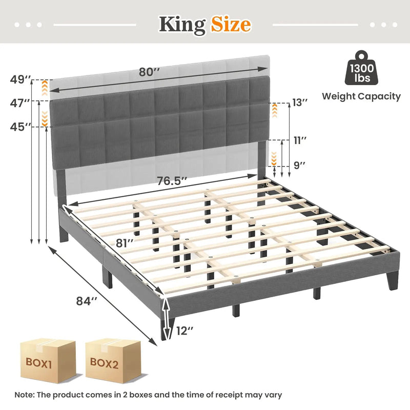 King Size Modern Linen Bed Frame with Adjustable Headboard-Gray by DirectDeals