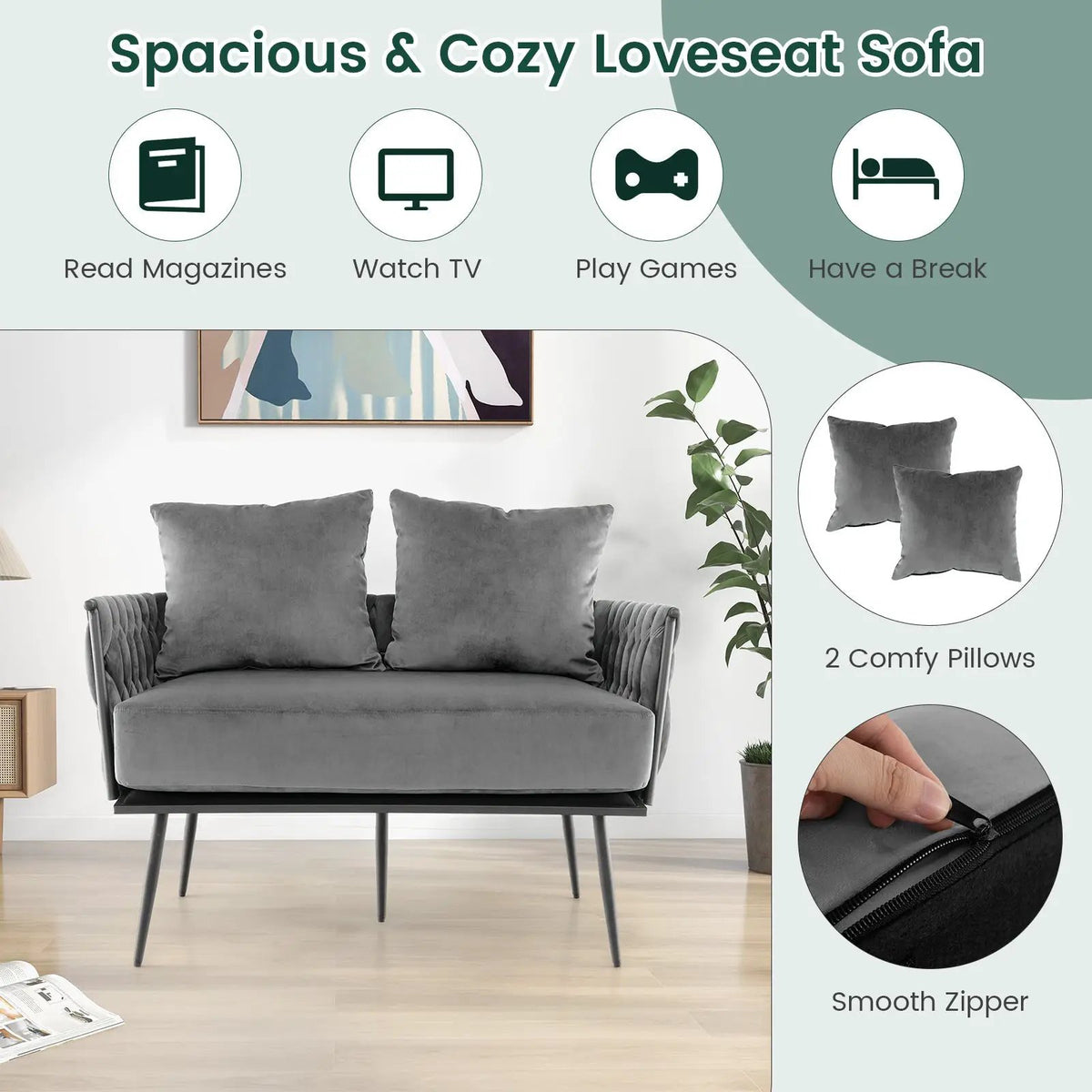 Modern Loveseat Sofa Upholstered Dutch Velvet Sofa Couch by DirectDeals