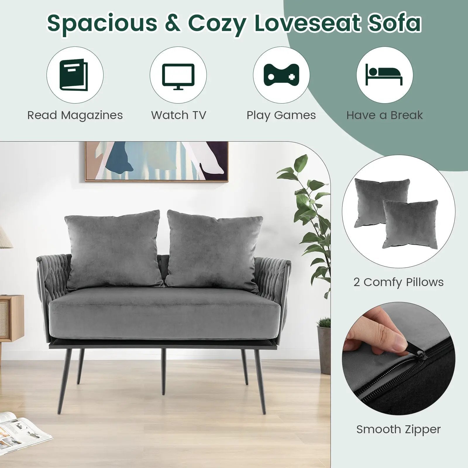 Modern Loveseat Sofa Upholstered Dutch Velvet Sofa Couch by DirectDeals
