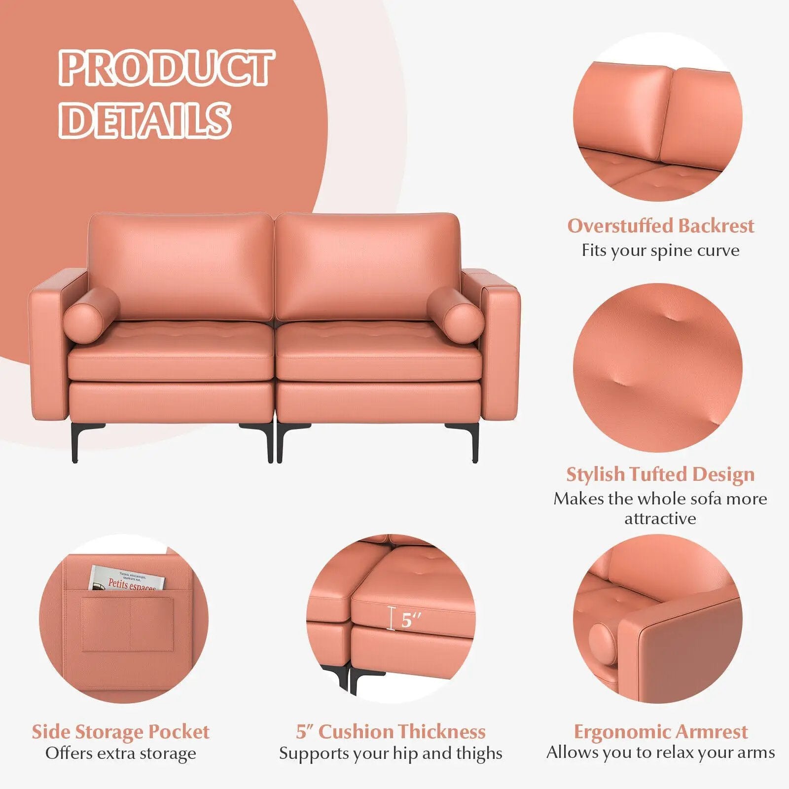 Modern Loveseat Sofa with 2 Bolsters and Side Storage Pocket by DirectDeals