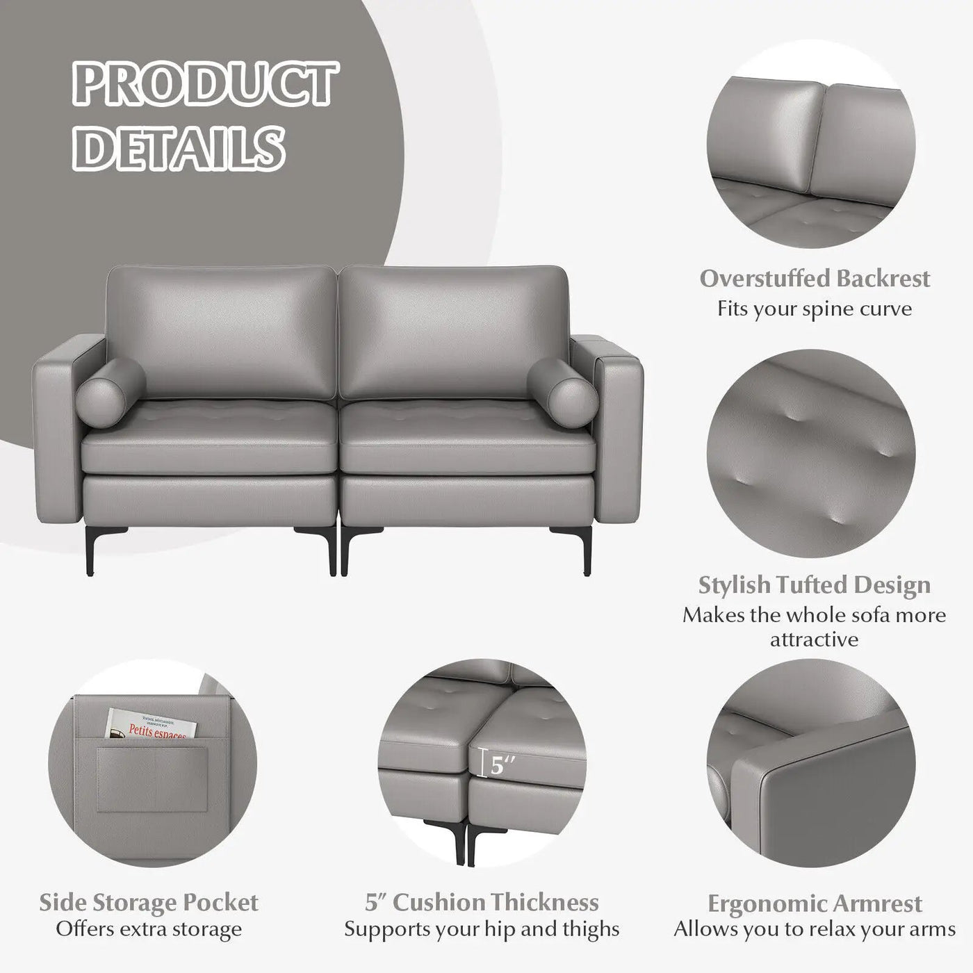 Modern Loveseat Sofa with 2 Bolsters and Side Storage Pocket by DirectDeals