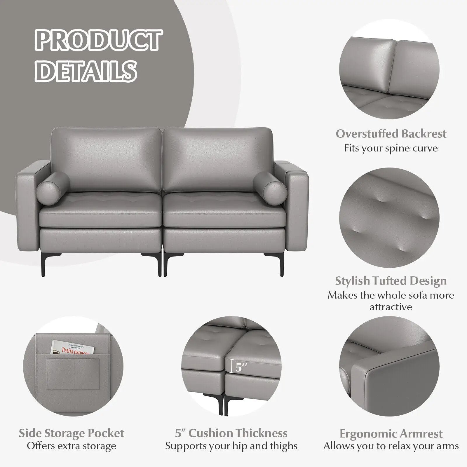 Modern Loveseat Sofa with 2 Bolsters and Side Storage Pocket by DirectDeals