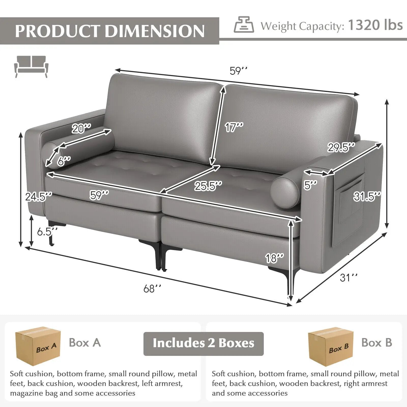 Modern Loveseat Sofa with 2 Bolsters and Side Storage Pocket by DirectDeals