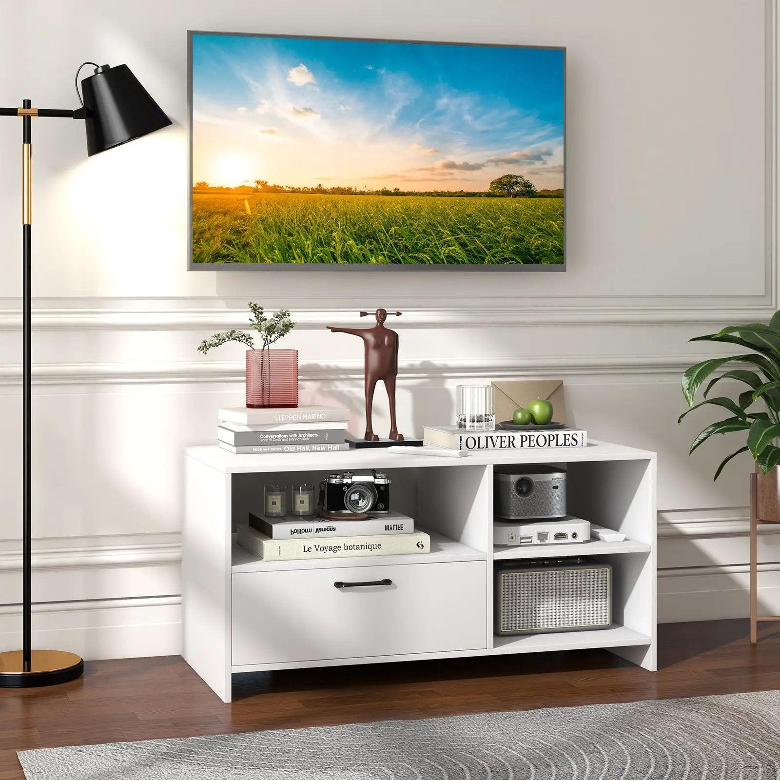 Modern Media Console Table with 3 Open Compartments and 1 Storage Drawer-White by DirectDeals