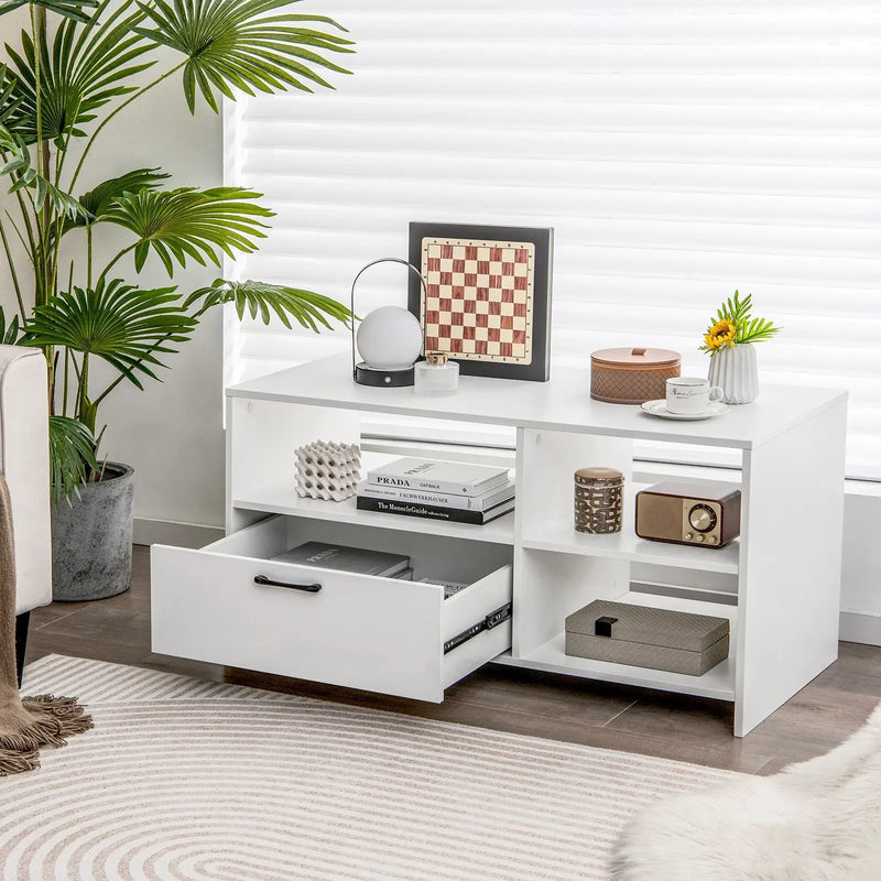 Modern Media Console Table with 3 Open Compartments and 1 Storage Drawer-White by DirectDeals