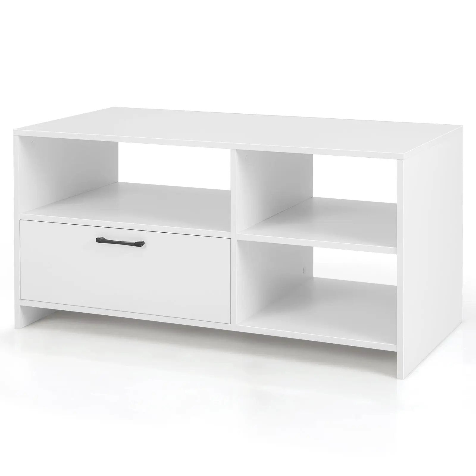 Modern Media Console Table with 3 Open Compartments and 1 Storage Drawer-White by DirectDeals