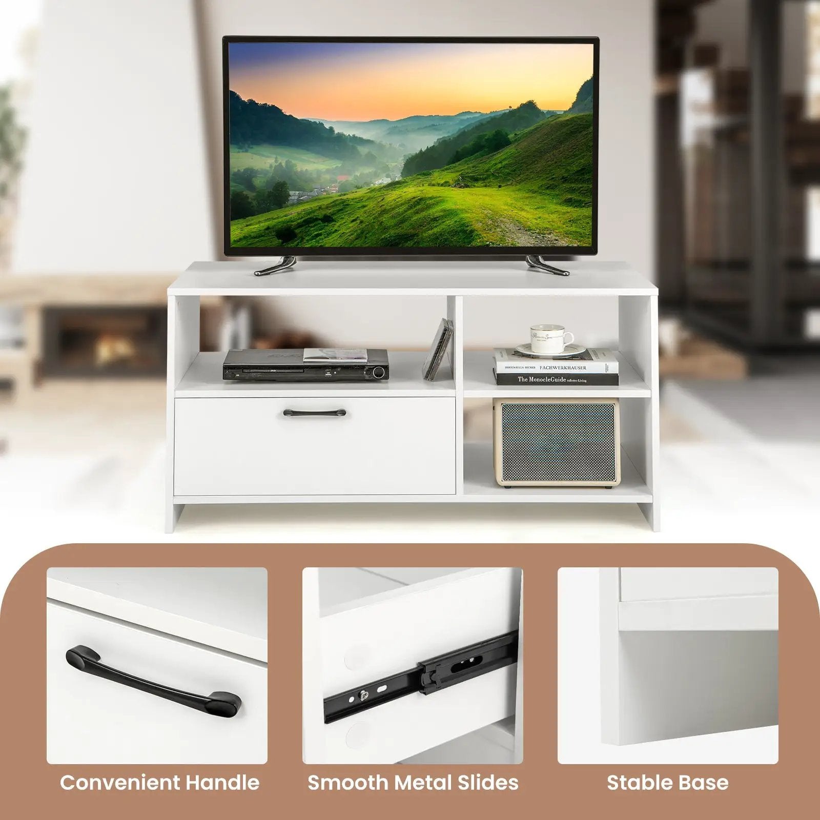 Modern Media Console Table with 3 Open Compartments and 1 Storage Drawer-White by DirectDeals